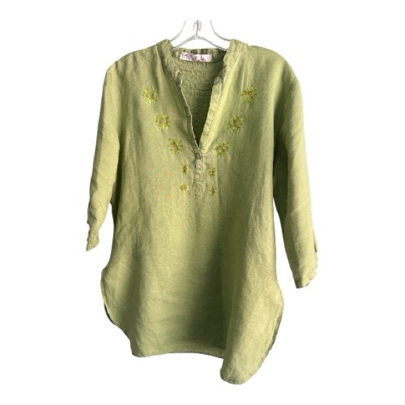 Field Gear Tops - Light Green Linen Embroidered V-Neck Breathable Summerweight Tunic Top Size L